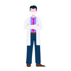 Doctor standing and hold crossing his hands flat style design vector illustration isolated on white background. Medical center hospital employee.