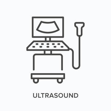 Ultrasound machine flat line icon. Vector outline illustration of sonography. Ultrasonic equipment thin linear medical pictogram