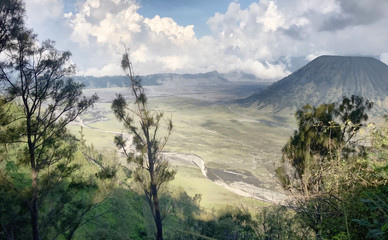 Surreal Spring scenery of Mount Bromo vulcano near Surabaya, Indonesia