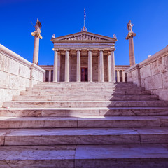 Obraz premium Athens Greece, stairs to the the national academy classic design facade with Athena and Apollo statues on Ionic style columns