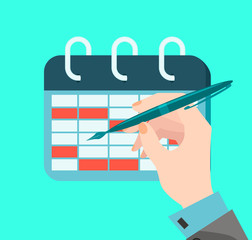 Working with the calendar. Businessman's hand with a pen. the businessman makes notes in the calendar.Flat vector illustration.