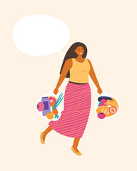 Happy young woman smiles and holds a packages full of vegetables and fruits while. Healthy food and vegetarian. Female cartoon character dieting and healthy eating. Space for text. Vector illustration