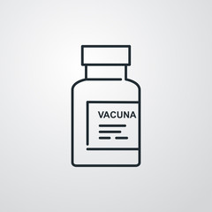 Obraz premium Símbolo vacuna. Icono plano lineal ampolla de vacuna con texto VACUNA en fondo gris