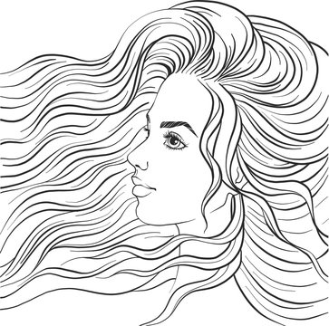 Beautiful girl in profile. Portrait of a girl with long hair. Vector woman. Coloring book page. Textile print.