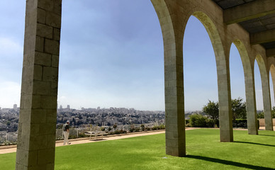 Ancient architectural arches overlooking the city of Jerusalem, Israel