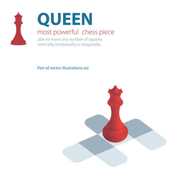 Queen. Most powerful chess piece vector illustration. Chess queen isometric graphic and logotype. Part of set. 