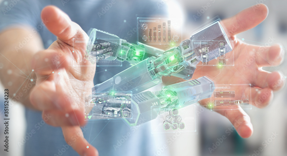 Poster man holding and touching green renewable energy battery 3d rendering