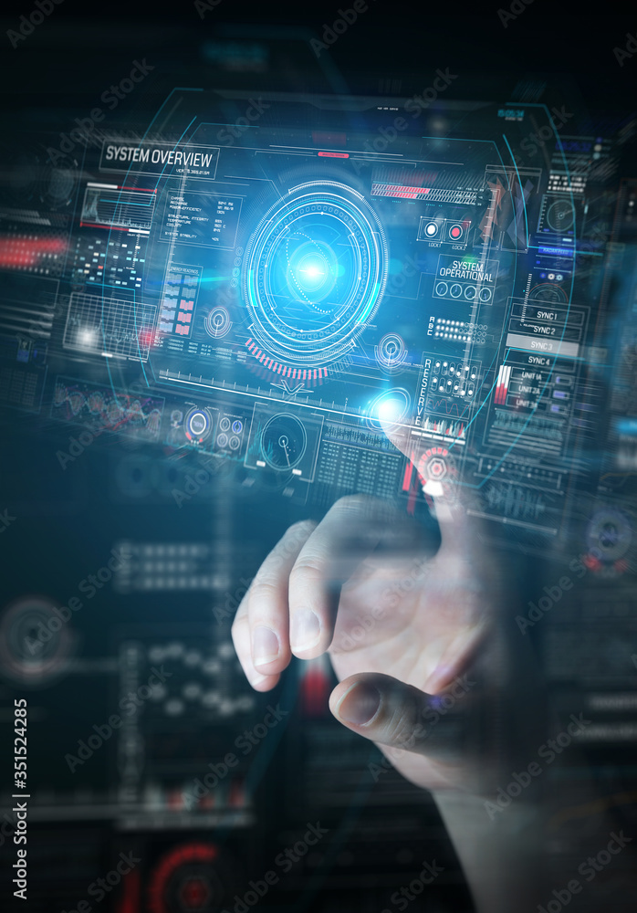 Fototapete businessman using digital technological interface with datas 3d rendering