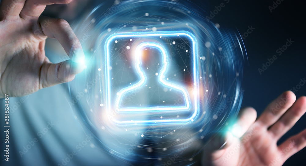 Poster Man using digital blue holographic user interface 3D rendering