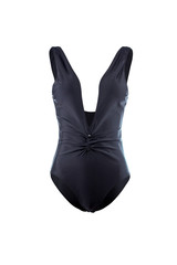 Women's closed swimsuit in black color, isolated on a white background on a mannequin.