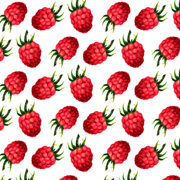 Seamless watercolor pattern with funny raspberries on the white background, aquarelle. illustration. Hand-drawn background. Useful for invitations, scrapbooking, design.