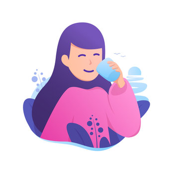 Happy girl drinking a cup of water vector illustration