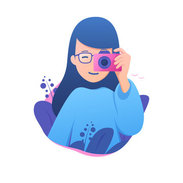 Happy girl photographer taking snap photos with camera vector illustration