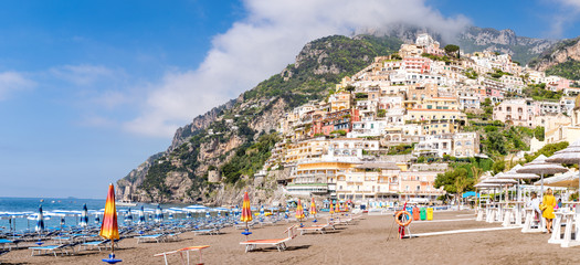 Panoramic view of summer Positano town, Italy, Amalfi coastline.