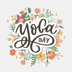 Lettering Yoga. Vector background International Yoga Day. Vector design for poster, T-shirts, bags. Yoga typography. Vector elements for labels, logos, icons, badges.