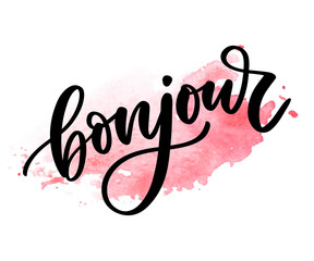 Bonjour inscription. Good day in French. Greeting card with calligraphy. Hand drawn design. Black and white. © 1emonkey