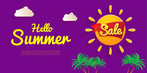 Bright flyer Hello summer. Banner sale summer. Sunny day, Summertime relax. Vector illustrations, paper art and digital crafts style.