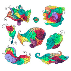 Obraz premium Colorful zentangle doodle sketch. Set of tattoo sketches. Ethnic tribal wavy vector illustration.