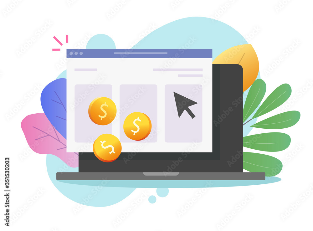 Aufkleber pay per click or cost per click website money earning online on laptop computer vector icon flat car