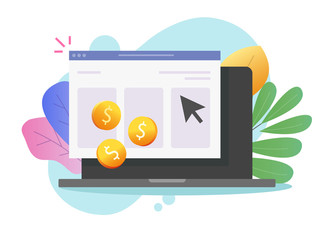 avantages publicité PPC Pay per click or cost per click website money earning online on laptop computer vector icon flat cartoon, pc web or internet coins cash income via advertising clicking, ppc or cpc symbol modern image