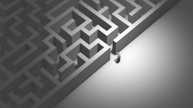 Difficult challenge of man person entering a maze labyrinth problem solving