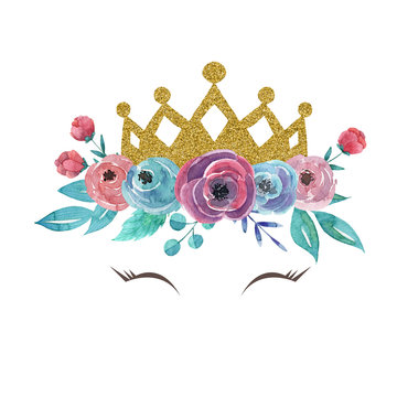 Hand drawn watercolor little princess crown with floral arrangement and eyes lashes