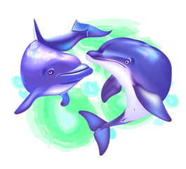 Obraz na płótnie Canvas Dolphins realistic cartoon. Family dolphins. Watercolor. Wall stickers 