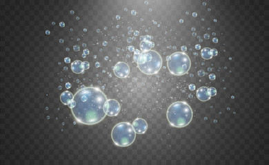 White beautiful bubbles on a transparent background vector illustration. Soap bubbles.