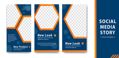editable instagram social media story template blue orange with hexagon decoration corporate style company branding simple cover banner - obrazy, fototapety, plakaty