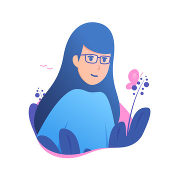 Happy girl smile seeing pink butterfly above flower with two bird background vector illustration