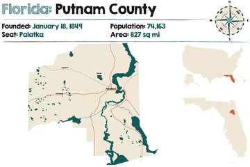 Large and detailed map of Putnam county in Florida, USA.