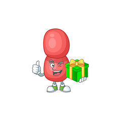 Happy smiley neisseria gonorrhoeae cartoon mascot design with a gift box