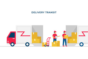 Shipment package transit to next pickup point vector flat illustration design. Open box delivery truck full of package moved to other car with courier officer checking up.