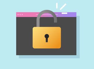 Website online secure access unlocked or internet web login encryption technology vector flat cartoon, illustration of web site browser window with open padlock as private safety modern design icon