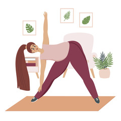illustration of a young overweight girl doing yoga at home. body positive, healthy lifestyle. For design, blogs, articles. flat design, vector