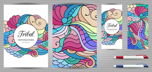Doodles corporate identity and stationery templates set . Colorful zentangle graphic design mockups including document, flyer, business card and pen. Ethnic tribal wavy vector illustrations.