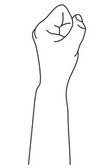 
Hand gesture in form of clenched fist. Concept of showing disobedience and solidarity in sign language. Vector illustration in outline style isolated on white background. 