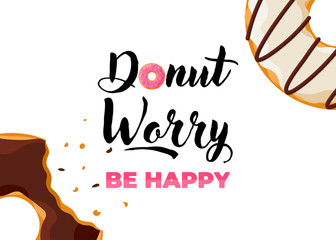 Cartoon colorful tasty bitten doughnut and inscription donut worry be happy vertical poster. Glazed bake top view with sprinkles for cake cafe decoration or menu design. Vector flat banner