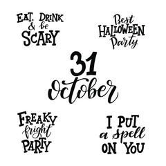 Set of trendy hand drawn Halloween phrases and quotes for greeting cards, flyers, poster or party invitations design. Isolated black on white. Lettering vector illustration.
