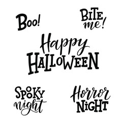 Set of trendy hand drawn Halloween phrases and quotes for greeting cards, flyers, poster or party invitations design. Isolated black on white. Lettering vector illustration.