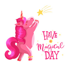 Hand-drawn vector illustration of an unicorn and cheerful motto