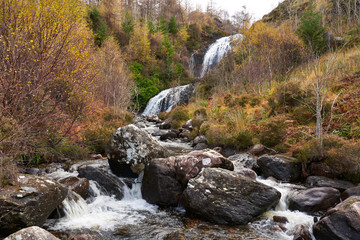 The river and waterfall of Inverianvie near Gruinard Bay in the Scottish Highlands, Scotland, UK.
