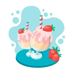 Two strawberry milkshakes in glass goblets with strawberries and striped straws. Cartoon vector illustration isolated on white background.