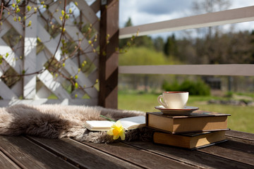 Opened old-fashioned book with daffodils  and teacup on the wooden terrace. Sunny springtime day....