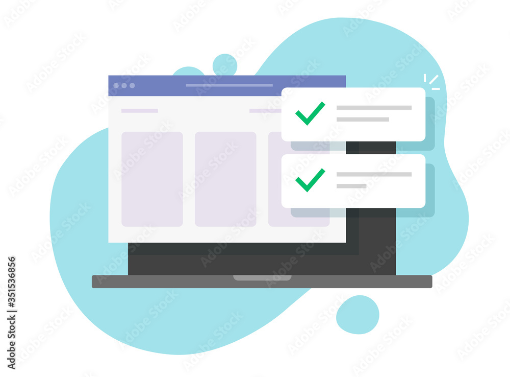 Fototapete Website success notifications with check marks or web updated task list with ticks on laptop computer vector flat cartoon, illustration of internet digital push online checklist on pc report image