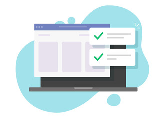 Website success notifications with check marks or web updated task list with ticks on laptop computer vector flat cartoon, illustration of internet digital push online checklist on pc report image