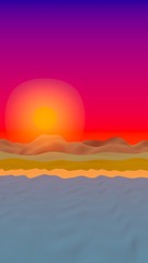 Sun Sea Beach. Sunrise. Ocean shore line with waves on a beach. Island beach paradise with waves. Vacation, summer, relaxation. Seascape, seashore. Minimalist landscape, primitivism. 3D illustration