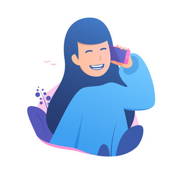 Happy girl calling friends with smartphone vector illustration