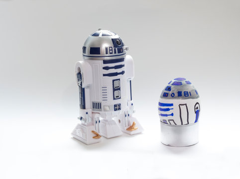 Cologne, Germany - April 13, 2020: Colorful painted R2D2 Easter egg star wars in isolated background