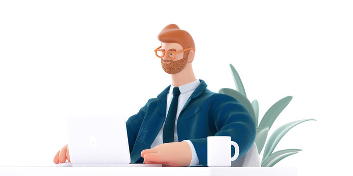 Home Office 3D Render -modern Concept Digital Illustration Home Office Quarantine Metaphor, A Cartoon Character, Guy Working At Home Sitting At The Desk With A Laptop. Creative Landing Web Page Header